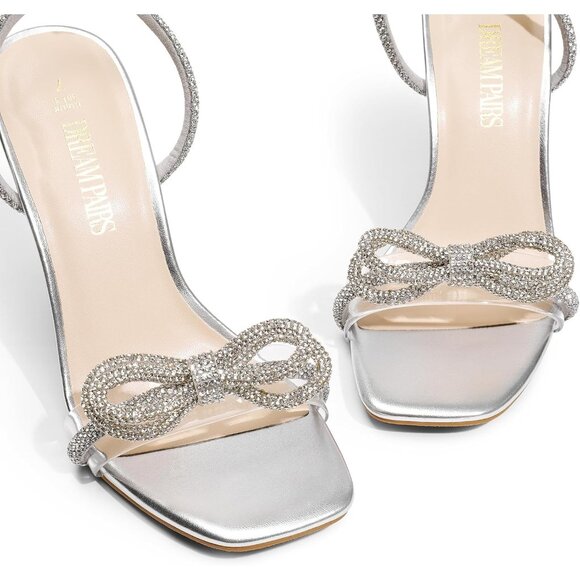 🆕Women Silver Faux Leather Crystal Bowknots Clear Slingback Heels Shoes - Picture 5 of 7